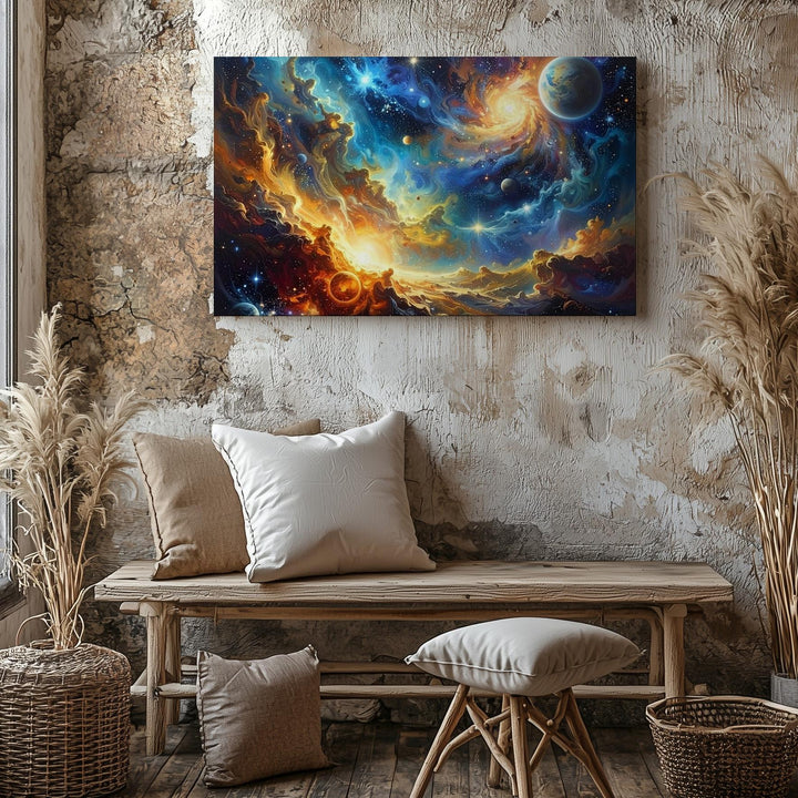 Serpentine Nebula Canvas – Golden Blue Cosmic Vista with Floating Planets - Gifitto