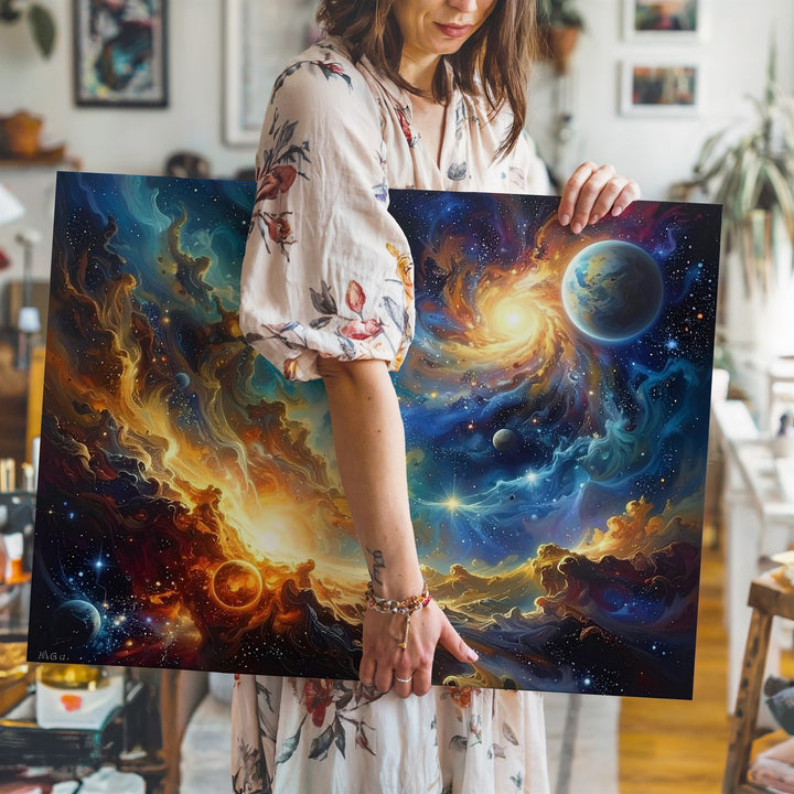 Serpentine Nebula Canvas – Golden Blue Cosmic Vista with Floating Planets - Gifitto