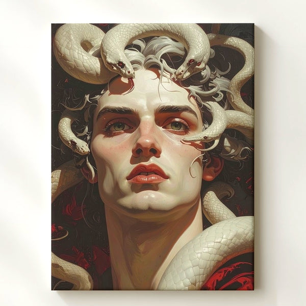 Cursed Warrior with Serpents Canvas – Mythic Male Medusa-Inspired Art - Gifitto