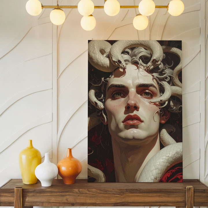 Cursed Warrior with Serpents Canvas – Mythic Male Medusa-Inspired Art - Gifitto