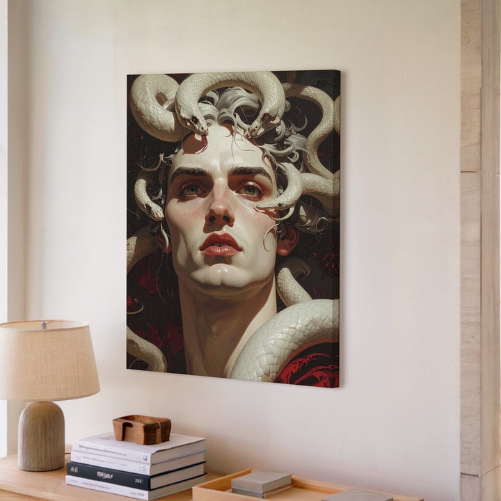 Cursed Warrior with Serpents Canvas – Mythic Male Medusa-Inspired Art - Gifitto