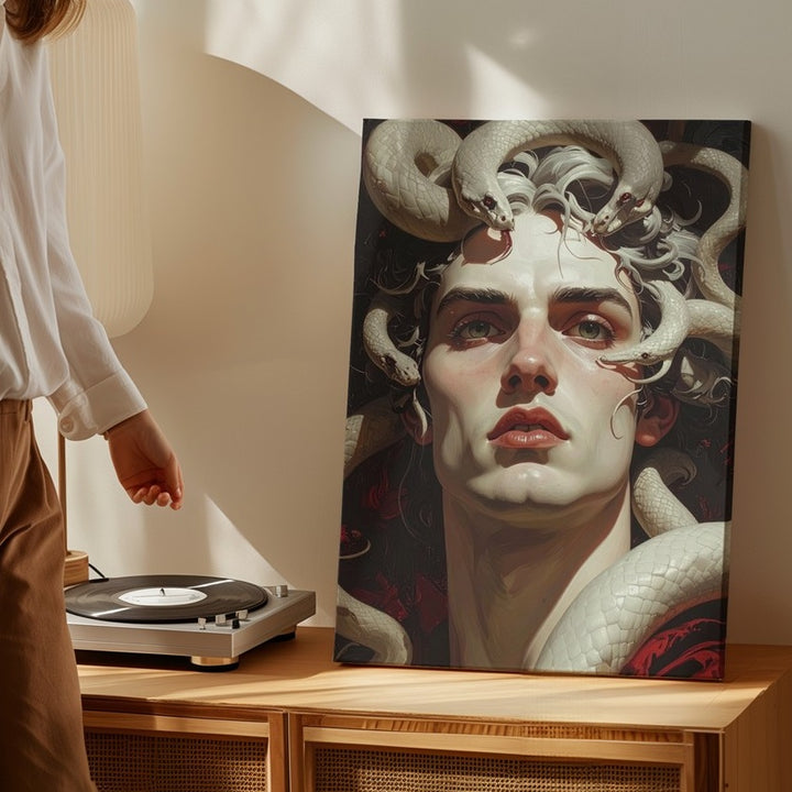 Cursed Warrior with Serpents Canvas – Mythic Male Medusa-Inspired Art - Gifitto