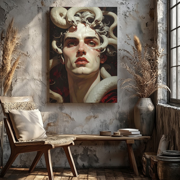 Cursed Warrior with Serpents Canvas – Mythic Male Medusa-Inspired Art - Gifitto
