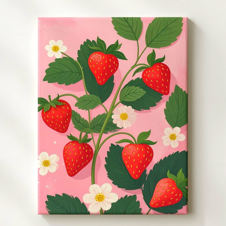 Playful Strawberry Plant Canvas – Minimal Vector Botanical Illustration - Gifitto