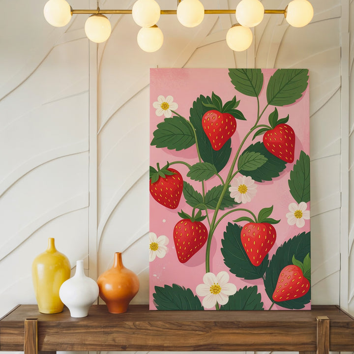 Playful Strawberry Plant Canvas – Minimal Vector Botanical Illustration - Gifitto