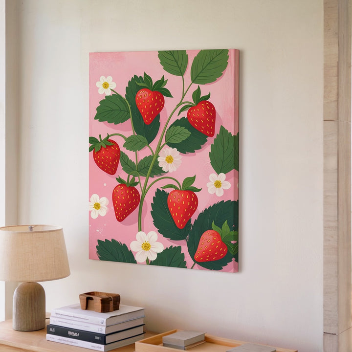 Playful Strawberry Plant Canvas – Minimal Vector Botanical Illustration - Gifitto