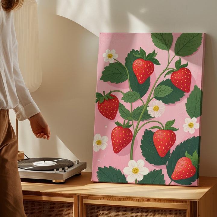 Playful Strawberry Plant Canvas – Minimal Vector Botanical Illustration - Gifitto