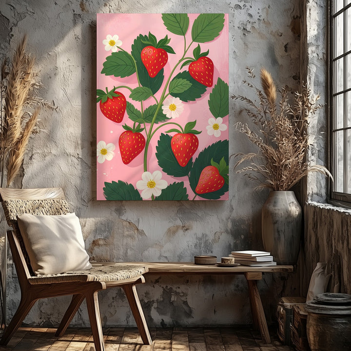 Playful Strawberry Plant Canvas – Minimal Vector Botanical Illustration - Gifitto