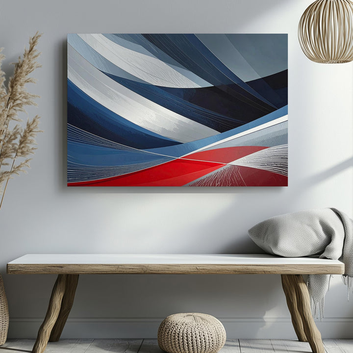 Dynamic Abstract Canvas – Curved Bands in Blue, Black, and Red - Gifitto