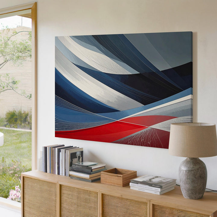 Dynamic Abstract Canvas – Curved Bands in Blue, Black, and Red - Gifitto