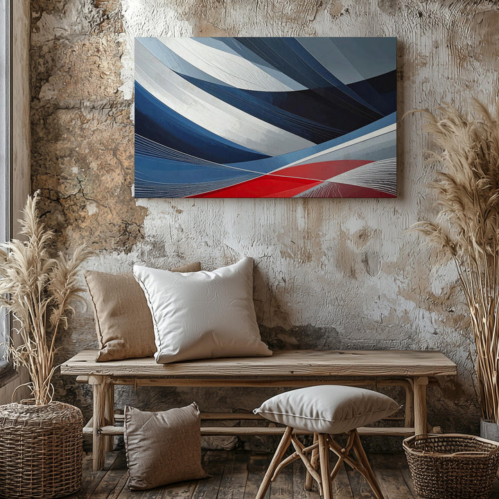 Dynamic Abstract Canvas – Curved Bands in Blue, Black, and Red - Gifitto