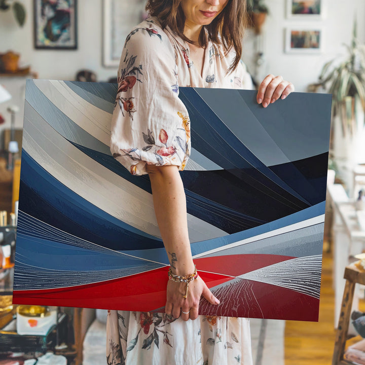 Dynamic Abstract Canvas – Curved Bands in Blue, Black, and Red - Gifitto