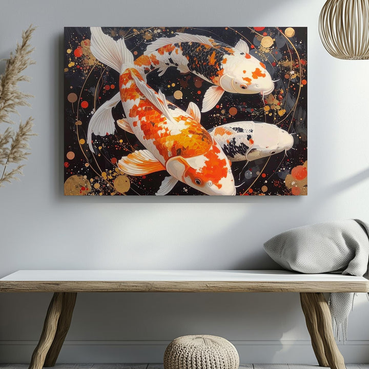 Celestial Koi Canvas – Symbolic Japanese Fish with Energy Orbs Wall Art - Gifitto