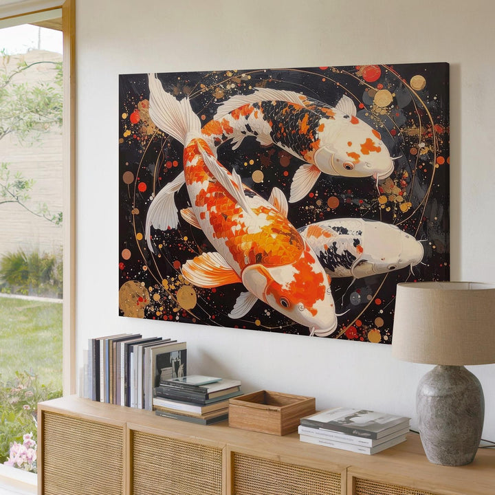 Celestial Koi Canvas – Symbolic Japanese Fish with Energy Orbs Wall Art - Gifitto