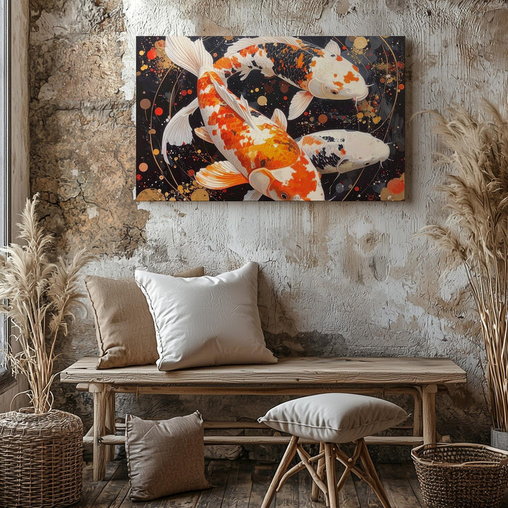 Celestial Koi Canvas – Symbolic Japanese Fish with Energy Orbs Wall Art - Gifitto
