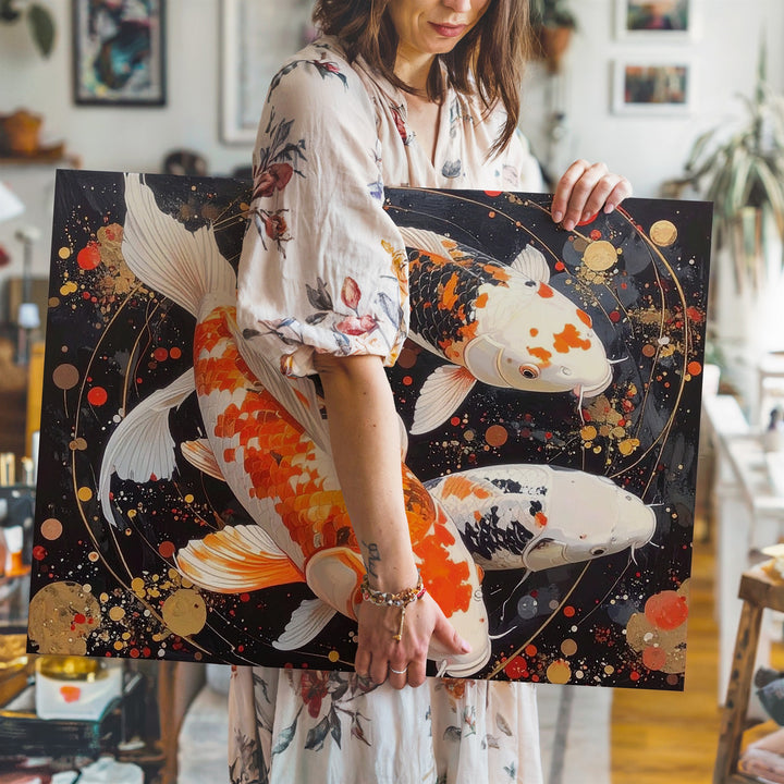 Celestial Koi Canvas – Symbolic Japanese Fish with Energy Orbs Wall Art - Gifitto