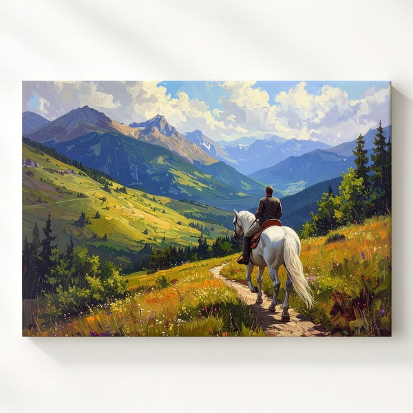 Rider on White Horse Canvas – Romantic Journey Through Golden Hills - Gifitto