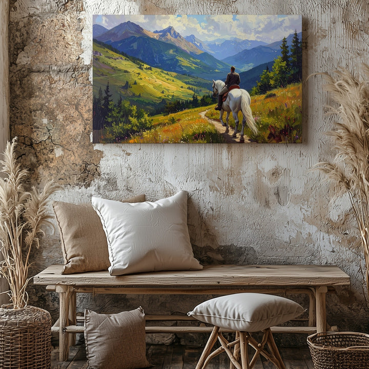 Rider on White Horse Canvas – Romantic Journey Through Golden Hills - Gifitto