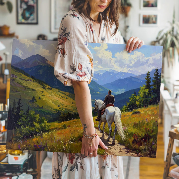 Rider on White Horse Canvas – Romantic Journey Through Golden Hills - Gifitto