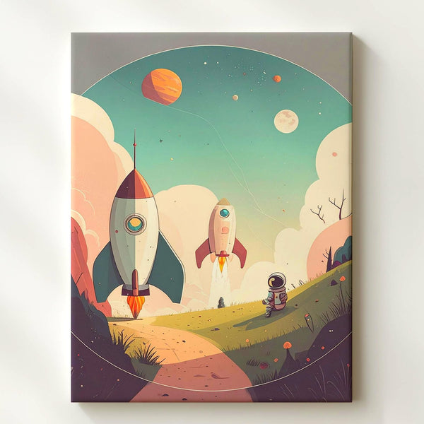 Whimsical Rocketship Canvas – Playful Astronaut and Retro Rocket Launching - Gifitto