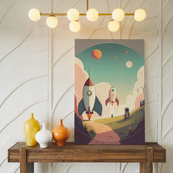 Whimsical Rocketship Canvas – Playful Astronaut and Retro Rocket Launching - Gifitto