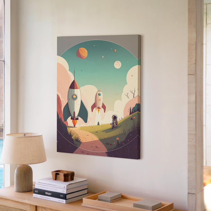 Whimsical Rocketship Canvas – Playful Astronaut and Retro Rocket Launching - Gifitto