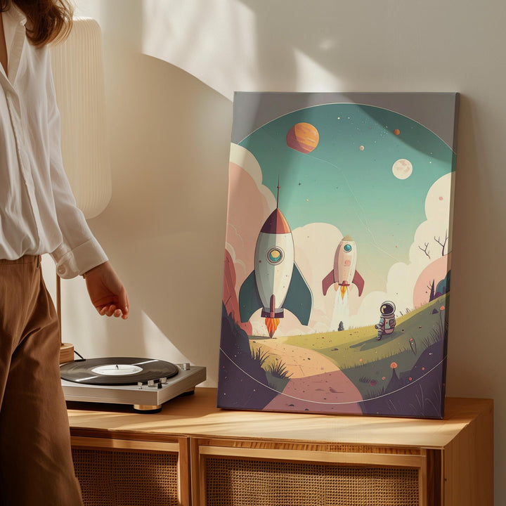 Whimsical Rocketship Canvas – Playful Astronaut and Retro Rocket Launching - Gifitto