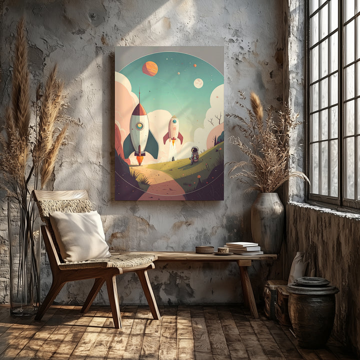Whimsical Rocketship Canvas – Playful Astronaut and Retro Rocket Launching - Gifitto
