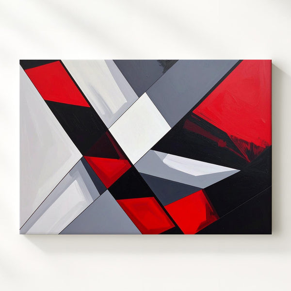 Geometric Abstract Canvas – Black Lines with Red and Gray Color Blocking - Gifitto