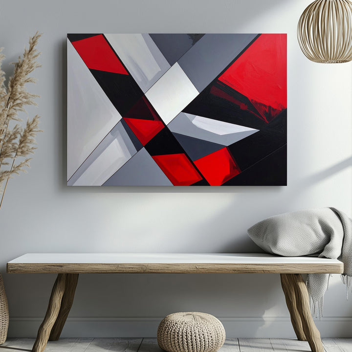 Geometric Abstract Canvas – Black Lines with Red and Gray Color Blocking - Gifitto