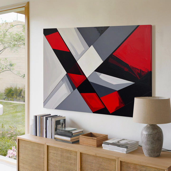 Geometric Abstract Canvas – Black Lines with Red and Gray Color Blocking - Gifitto