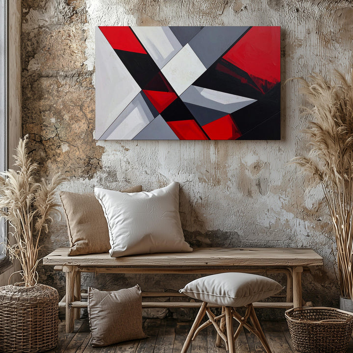 Geometric Abstract Canvas – Black Lines with Red and Gray Color Blocking - Gifitto
