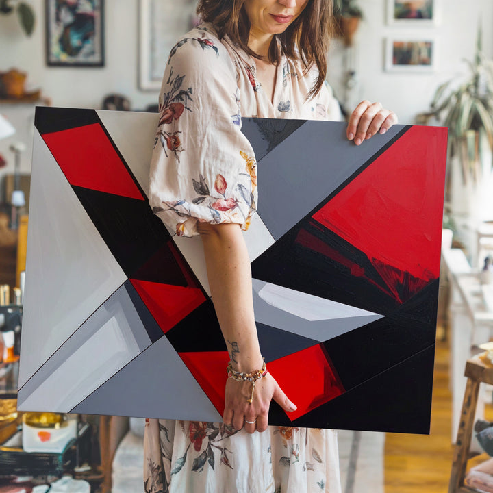 Geometric Abstract Canvas – Black Lines with Red and Gray Color Blocking - Gifitto