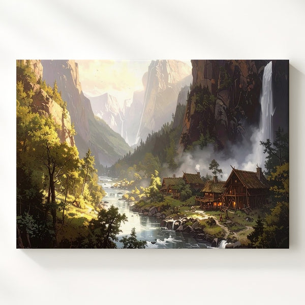 Fantasy Viking Village Canvas – Serene River and Waterfalls in Lush Valley - Gifitto
