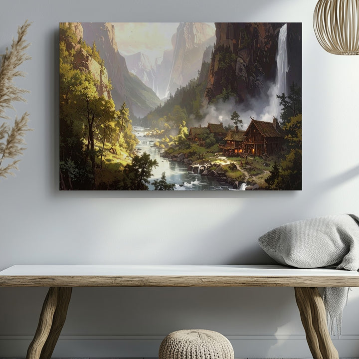 Fantasy Viking Village Canvas – Serene River and Waterfalls in Lush Valley - Gifitto