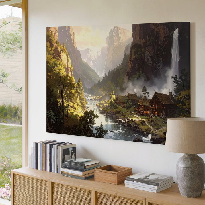Fantasy Viking Village Canvas – Serene River and Waterfalls in Lush Valley - Gifitto
