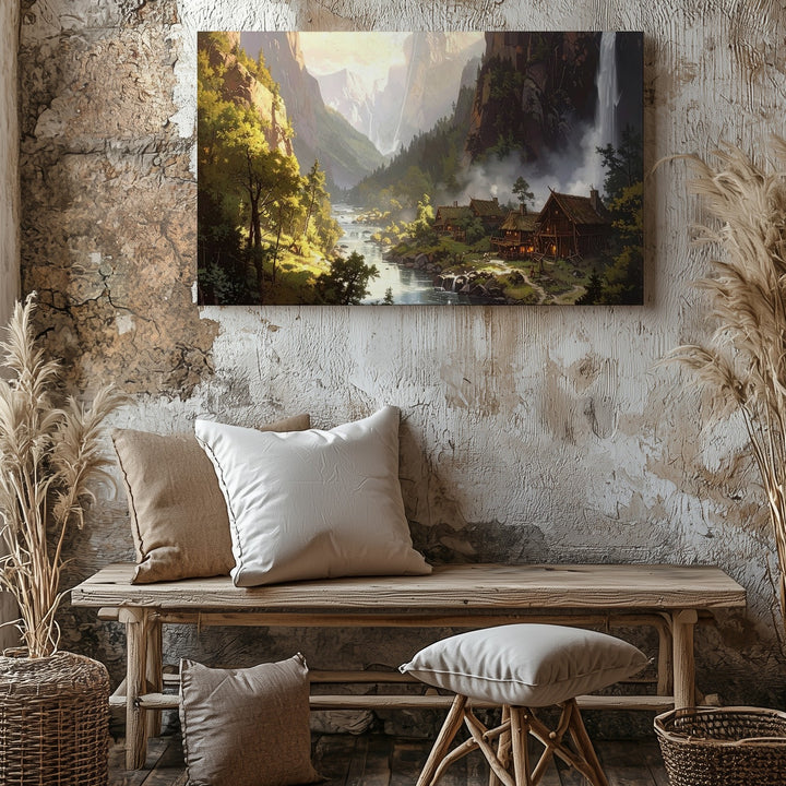 Fantasy Viking Village Canvas – Serene River and Waterfalls in Lush Valley - Gifitto