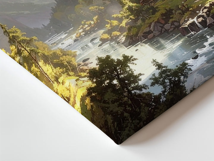 Fantasy Viking Village Canvas – Serene River and Waterfalls in Lush Valley - Gifitto