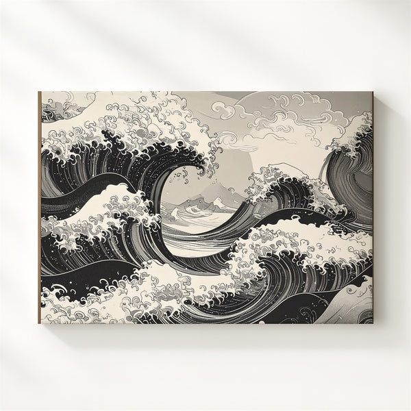 Monochrome Wave Surge Canvas – Traditional Japanese Ink Sea Wall Art - Gifitto