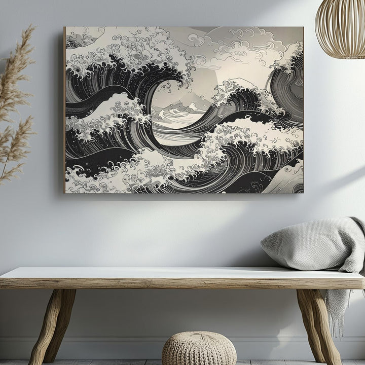 Monochrome Wave Surge Canvas – Traditional Japanese Ink Sea Wall Art - Gifitto