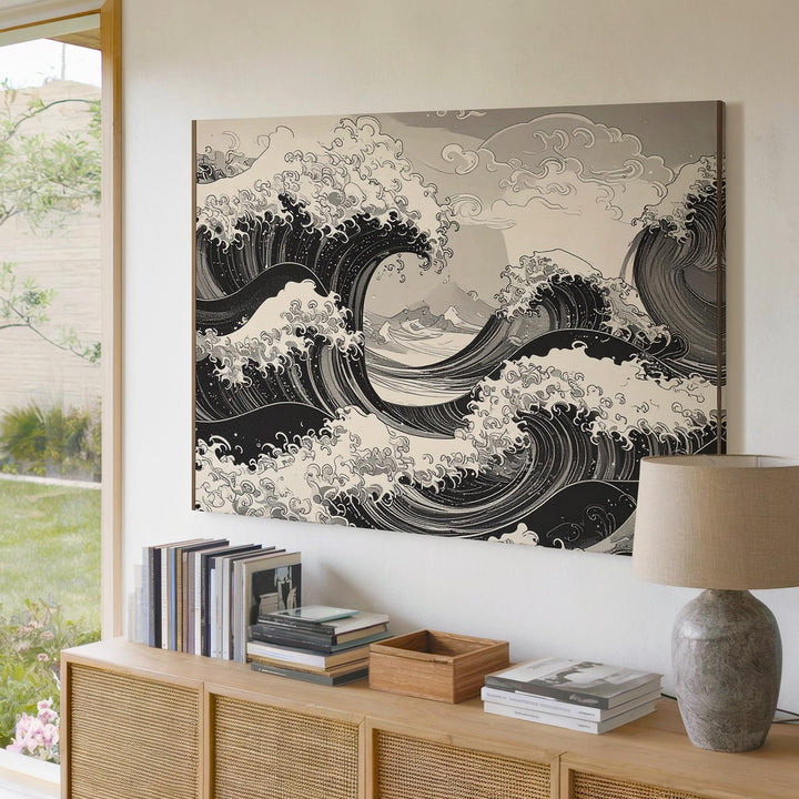 Monochrome Wave Surge Canvas – Traditional Japanese Ink Sea Wall Art - Gifitto