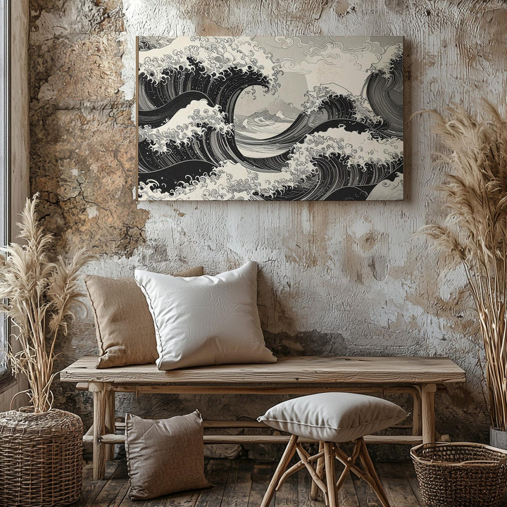Monochrome Wave Surge Canvas – Traditional Japanese Ink Sea Wall Art - Gifitto
