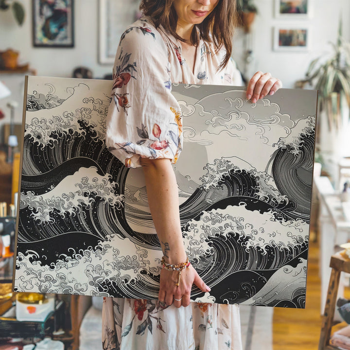 Monochrome Wave Surge Canvas – Traditional Japanese Ink Sea Wall Art - Gifitto