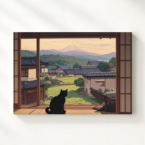 Tatami Cat & Shoji View Canvas – Tranquil Japanese Village Wall Art - Gifitto
