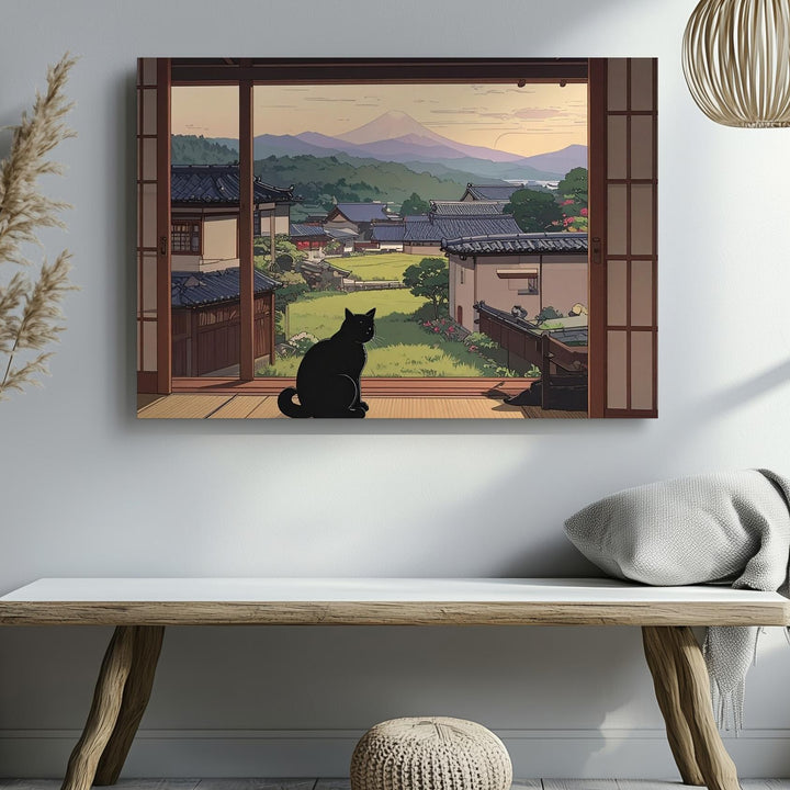 Tatami Cat & Shoji View Canvas – Tranquil Japanese Village Wall Art - Gifitto