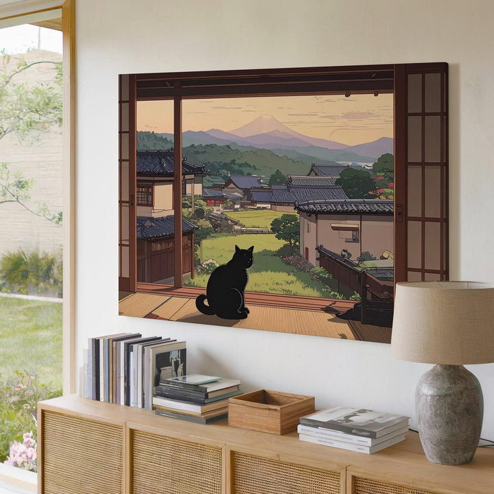 Tatami Cat & Shoji View Canvas – Tranquil Japanese Village Wall Art - Gifitto