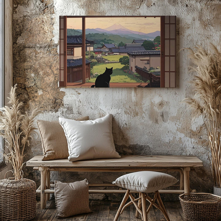 Tatami Cat & Shoji View Canvas – Tranquil Japanese Village Wall Art - Gifitto