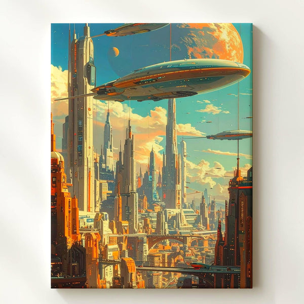 Futuristic Metropolis Canvas – Hovering City with Floating Cars and Spaceships - Gifitto