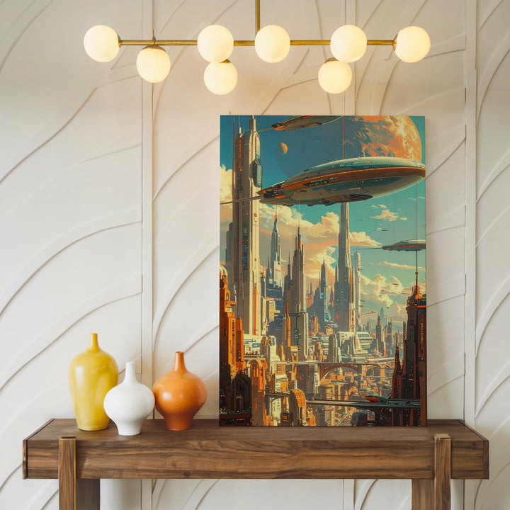 Futuristic Metropolis Canvas – Hovering City with Floating Cars and Spaceships - Gifitto