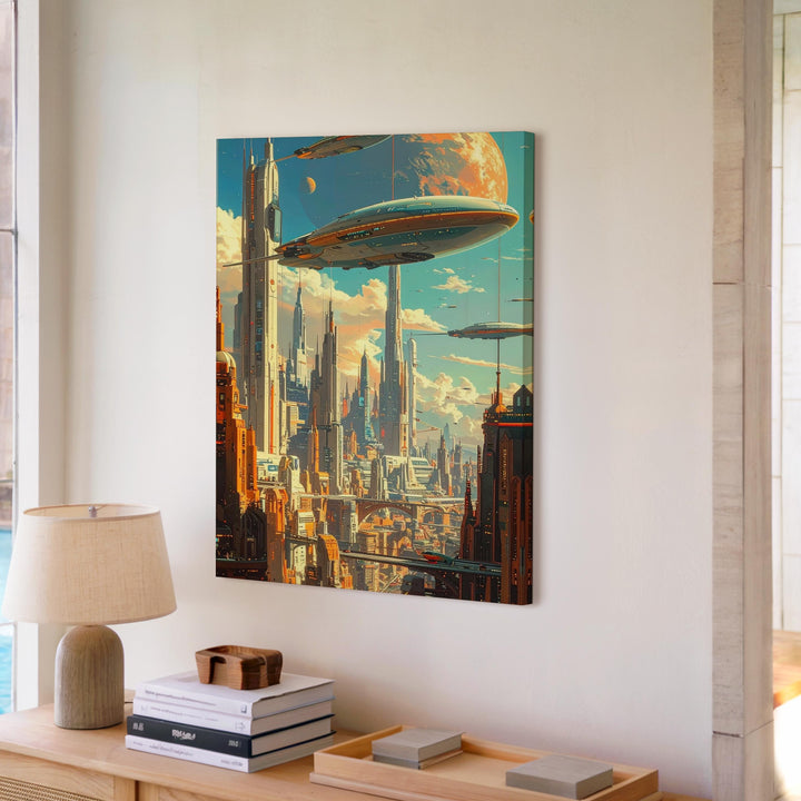 Futuristic Metropolis Canvas – Hovering City with Floating Cars and Spaceships - Gifitto